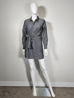 Heartloom Grey & White Pinstriped Collared Button Up Wrap Shirt Dress Sz XS